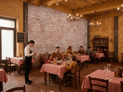 Small Italian Eatery with Distressed Brick Panel as Focal Backdrop behind Eatery Tables