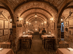 Nautical Themed Eatery in basement, Distressed Brick Panel Covering walls and ceiling, intersected with wooden archways