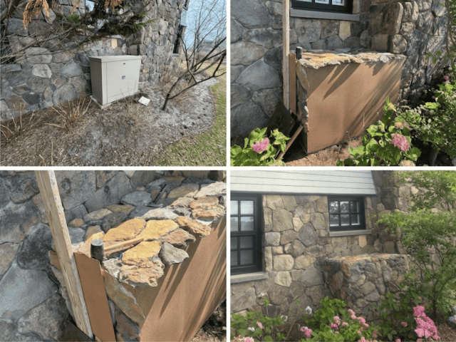 A Collage 4 Images Showcasing how to use the Crazystone Panel to Cover Unsightly Outdoor Panel Boxes