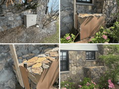 A Collage 4 Images Showcasing how to use the Crazystone Panel to Cover Unsightly Outdoor Panel Boxes