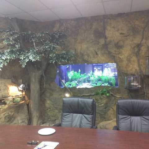 A Meeting Room. Behind, The Crystal Rock Panel Covers the Wall, with a cutout for a Large Fish Tank. 