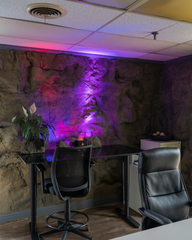 Malawi Wall Panel mounted behind desk, with accent rocks and flowers sitting on the desk.